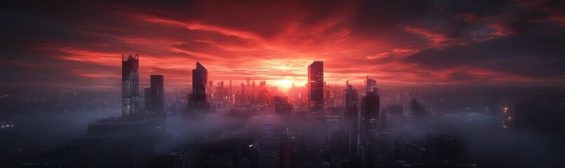 Dramatic red sunset over futuristic foggy cityscape with skyscrapers