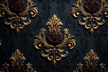 Ornate vintage wallpaper design featuring intricate gold and burgundy floral patterns on a dark background