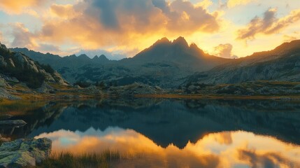 Fototapeta premium Ethereal Mountain Lake Sunset with Dramatic Cloud Formations and Golden Light Reflections on Tranquil Waters