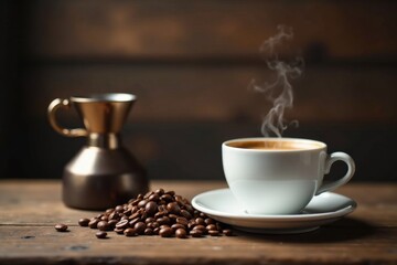 Fototapeta premium Aromatic Coffee Steam Rising From a White Cup Beside Roasted Beans and a Copper Vessel