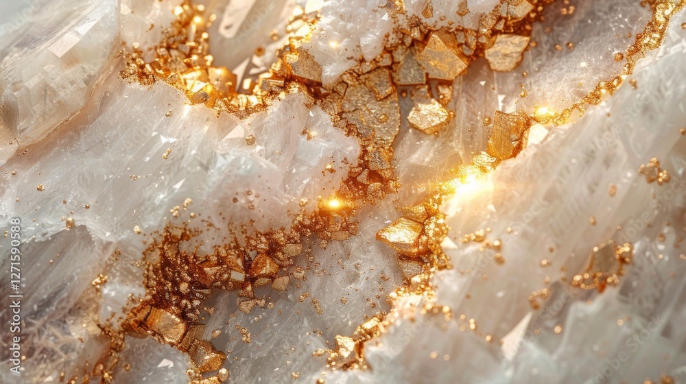 Poster intricate mineral formation reveals sparkling golden flecks embedded within glistening quartz crysta