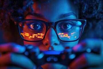 A dynamic close-up of a player's hands gripping a controller, with the glowing game environment reflecting in their glasses