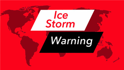 Ice storm warning.  A television weather banner, known as an “over the shoulder”  is seen with a map of the world showing the United States. Colors are red, black and this is a vector graphic .
