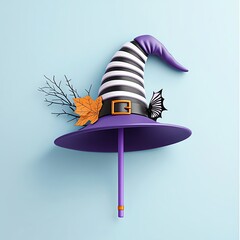 A colorful Halloween witch hat with stripes, autumn leaves, and decorative elements, perfect for festive celebrations.