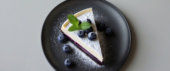 Blueberry cheesecake slice with powdered sugar and mint on dark plate