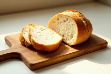 Artisan Loaf Sliced on Rustic Wooden Board, Bathed in Warm Sunlight, Ready for Enjoyment