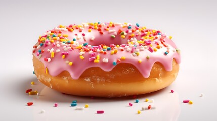 Pink frosted donut with sprinkles on white background, ideal for food blogs or advertisements.