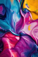 Colorful abstract painting with vibrant swirls and textures in pink, blue, and yellow, perfect for backgrounds and creative designs.