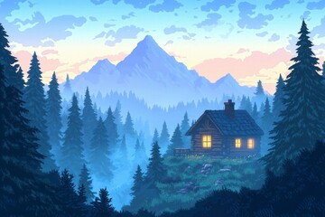 Pixel Art Serene Cabin in Lush Forest with Majestic Mountain Backdrop at Dusk
