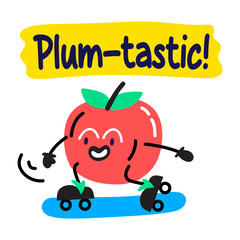 A flat sticker of happy plum fruit enjoying skating