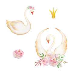 Set of Watercolor White Princess Swan with crown, romantic bird with pink roses bouquet