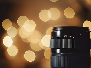 Camera lens detail with blurred lights creating a bokeh effect backdrop