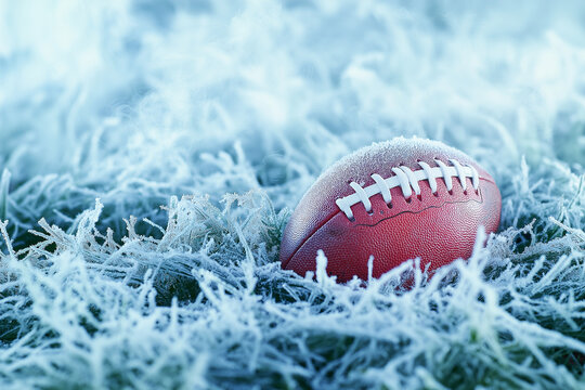 imagine high-end sports photography, American football placement detail, frost-covered grass, steamy breath visible, early morning game prep, cinematic style, crisp focus, winter game atmosphere - Powered by Adobe