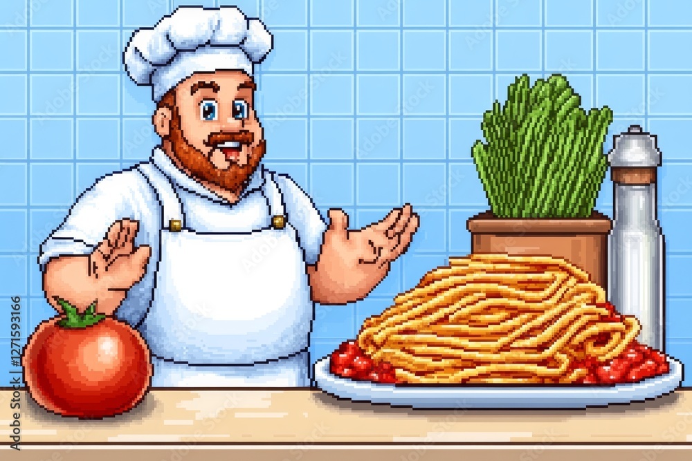 Poster a pixelated 8-bit pasta shop, where tiny pixel chefs prepare spaghetti and lasagna in a classic vide