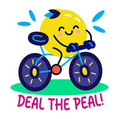 A comic style sticker of cycling fruit with deal the peal typography