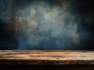 A rustic wooden table sits in front of a textured, dark blue backdrop, creating a warm and inviting atmosphere.