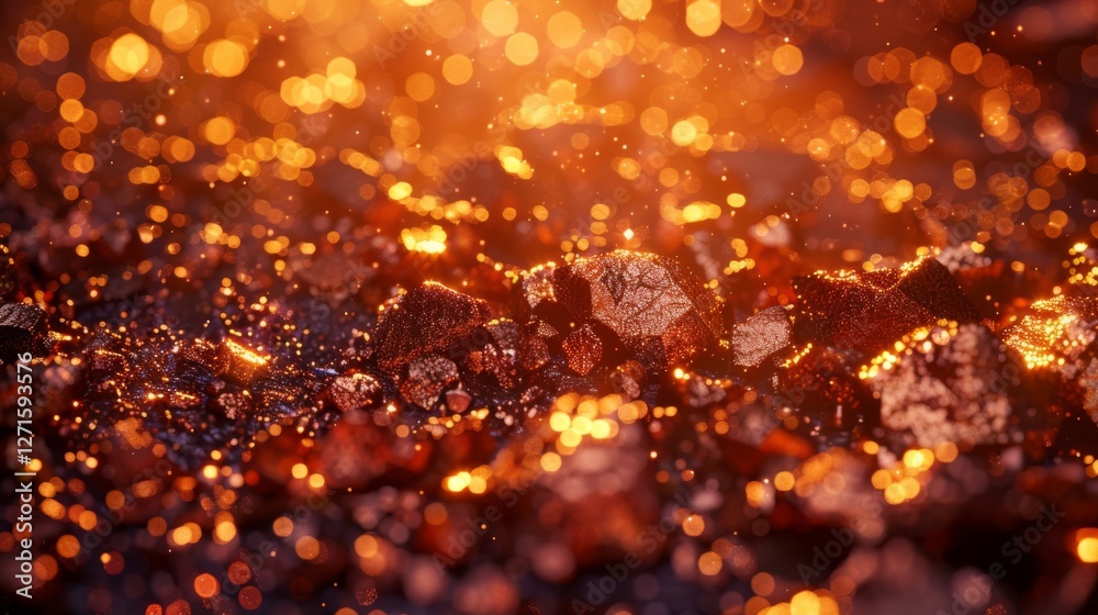 Fototapete Glowing embers illuminate the dark surface, with tiny particles sparkling in the air, creating a captivating and warm atmosphere, perfect for an evening gathering.