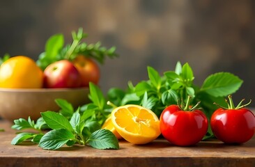 Kitchen decor with indoor plants. Fresh herbs on the kitchen table and colorful fruits