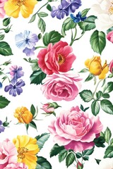 Colorful Floral Pattern with Roses and Violets on White Background for Fabric, Wallpaper, and Home Decor Projects