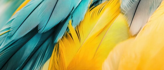 Fototapeta premium Colorful Macaw Feather Textures Close-Up Shot for Nature and Wildlife Photography Enthusiasts - Vibrant Blue and Yellow Patterns