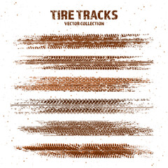 Fototapeta premium Grunge tire tracks with mud splatters, dirty wheel braking marks. Truck, car, or motorcycle tread pattern silhouettes. Perfect for off-road, motorsport, and racing designs. Vector illustration