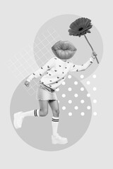 Creative surrealism poster template collage of weird lady with mouth face enjoy 14 february date hold gerbera present celebration