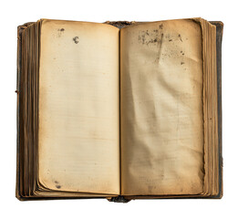 An old book with a yellowed cover is open to a page with a large gap in the middle. The book is old and worn, with pages that are yellowed and frayed