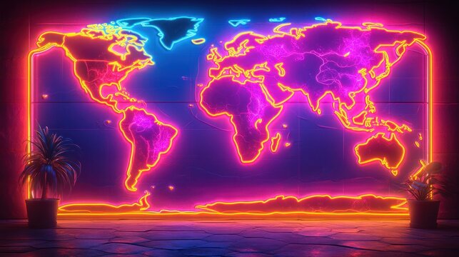 Neon world map, futuristic room, global network