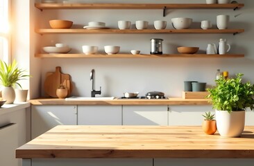 Kitchen decor with indoor plants. Bright, white kitchen with wood accents and natural light.