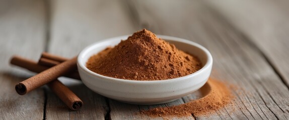 Ground Cinnamon Powder in a Bowl with Cinnamon Sticks on Table