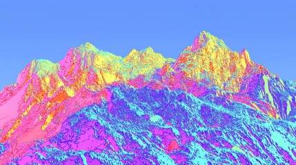 Fototapeta premium Vibrant Digital Rendering of Majestic Mountain Peaks with Colorful Textures and Clear Blue Sky Above
