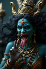 "Divine Wrath - Goddess Kali Portrait"captured in an intense moment of divine fury. The figure is depicted with distinctive turquoise blue skin,3D digital artwork
