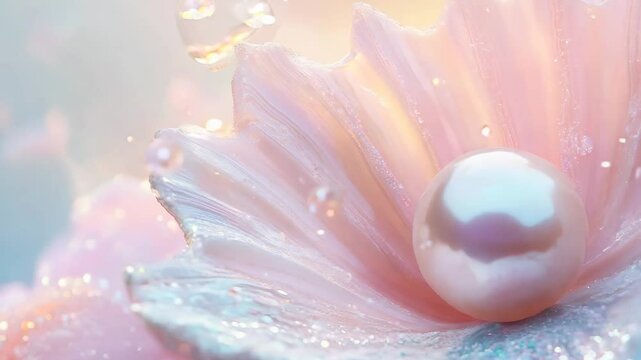 Luminous pearl resting in an open pastel pink seashell with glistening water droplets and soft dreamy ocean light