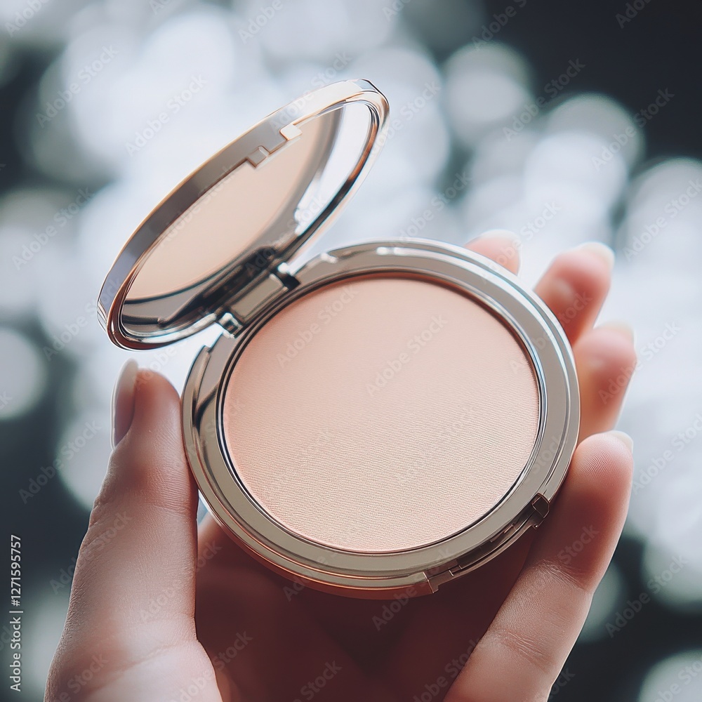 Poster hand holding a compact powder with a shiny background reflecting light in a beauty and cosmetics set