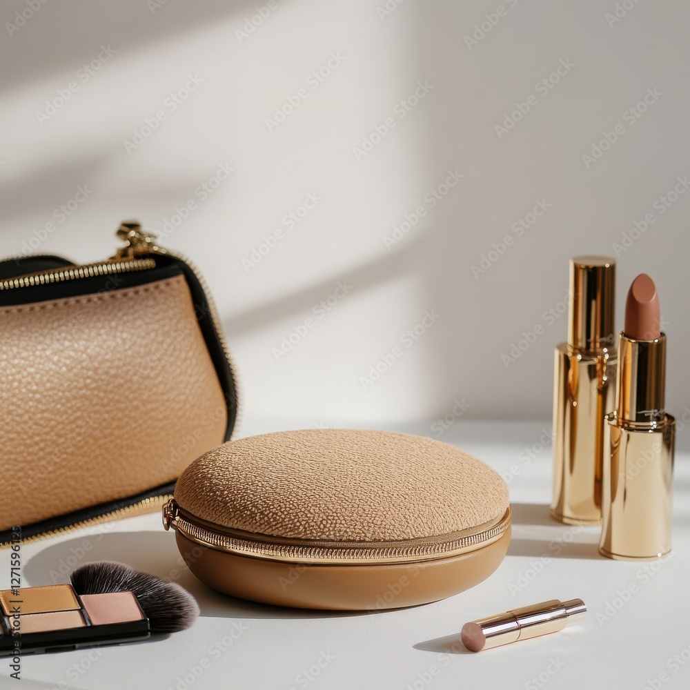 Aufkleber cosmetic products arranged neatly on a surface in natural light showcasing elegant design elements