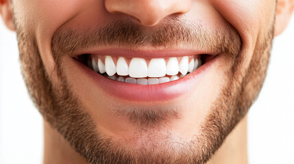 Fototapeta premium Close-up of a man smiling, showing white and clean teeth, isolated on white background