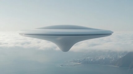 A sleek, futuristic flying saucer hovers above clouds, creating a surreal atmosphere against a backdrop of a coastal city.