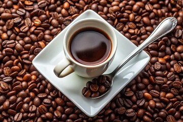Fototapeta premium Aerial View: White Porcelain Cup, Square Saucer, Roasted Coffee Beans