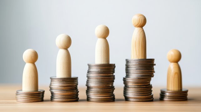 Wooden figures on stacked coins symbolizing socioeconomic inequality and wealth disparity