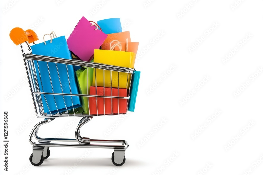 Poster a simple vector illustration of an online shopping cart with various merchandise items ready for che