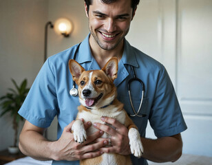 Happy man vet doctor in blue uniform cuddling pembroke welsh corgi dog, playing with little dog after treatment, free space