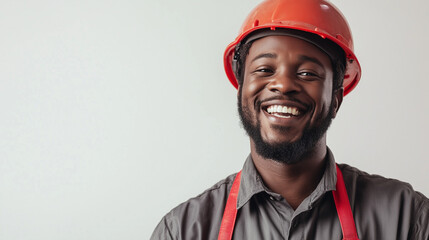 Fototapeta premium Smiling construction worker wearing helmet, isolated on white background