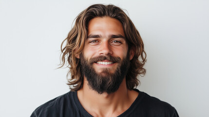 Obraz premium Smiling handsome Isus with beard and long hair, isolated on white background 