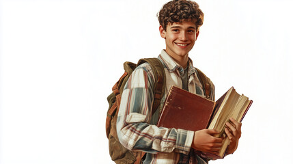 Fototapeta premium Smiling young male student holding books with a backpack, isolated on white background
