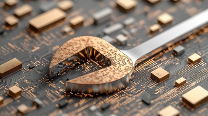 "A sleek wrench lying on a digital table composed of intricate code snippets and glowing data patterns,