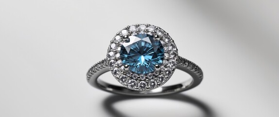 a close up of a ring with a blue diamond surrounded by diamonds.