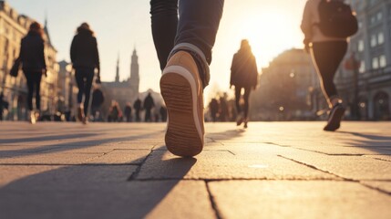 Urban walking scene, city street, sunlight. Possible use Stock photo for travel, city life