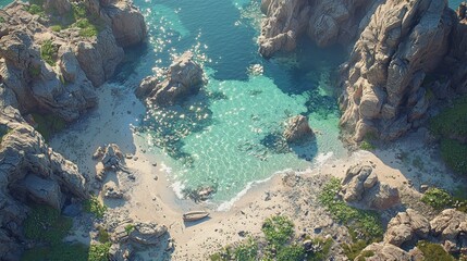 Fototapeta premium Serene Seascape with Rocky Coastline and Tranquil Waters, Inviting Beach and Isolated Fishing Boat in Tropical Paradise