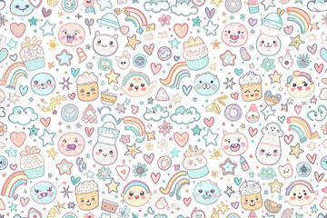 Cute kawaii pattern background with pastel colors