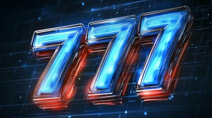 Obraz premium Glowing Futuristic Blue and Red Digital Number 777 on an Abstract Background with Circuitry